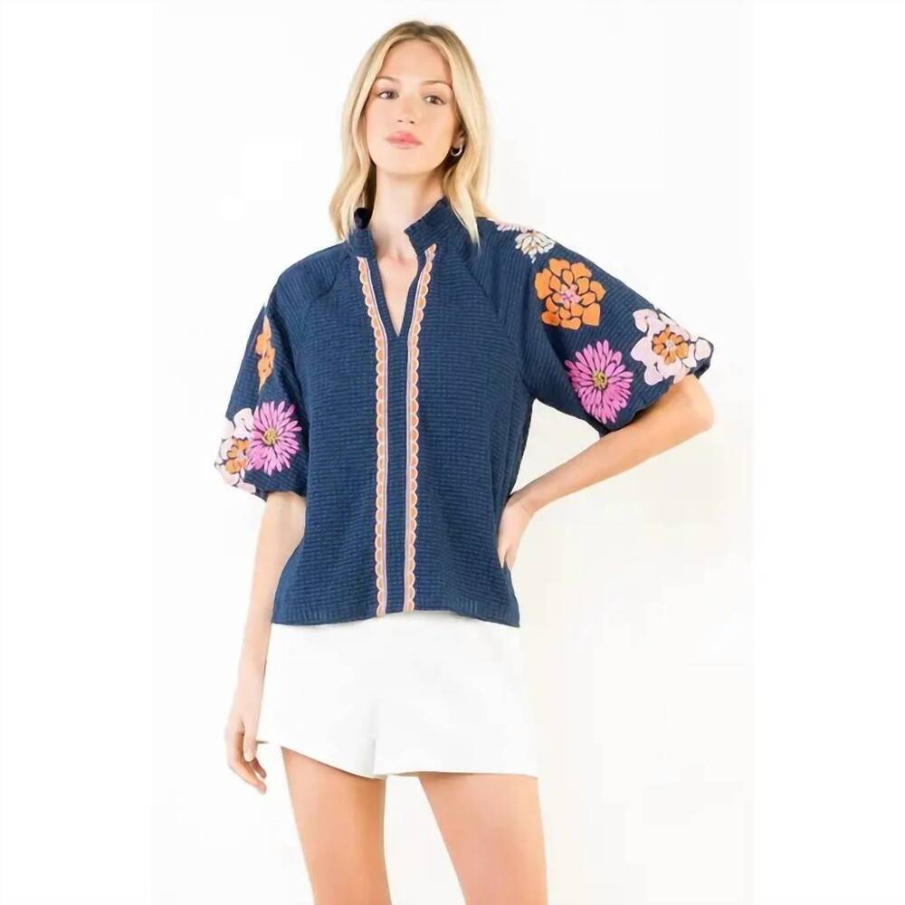 NEW THML floral embroidery puff sleeve textured top in navy